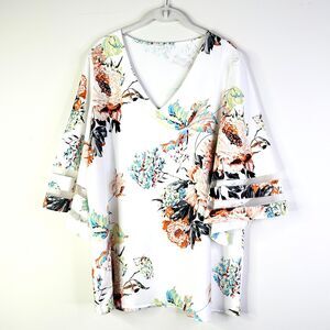 Unbranded Top Women 1X Plus White Floral Tunic Bell Sleeve Peasant Bohemian NWOT